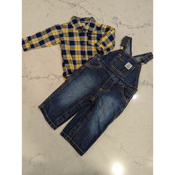 CARTER'S Boys 2 Piece Set Overalls and Yellow Blue Plaid Shirt 6 months - Picture 3 of 9